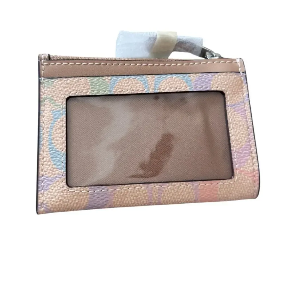 Coach Mini Skinny Id Window Case with key ring In Rainbow Signature Canvas